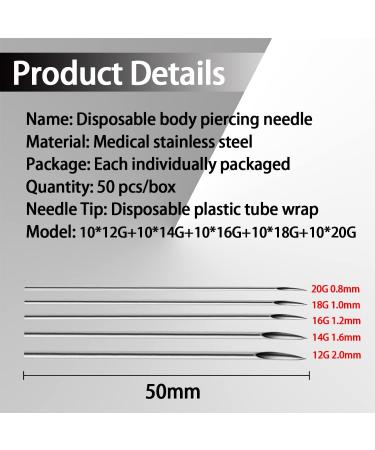 50PCS Mixed Piercing Needles | Stainless Steel Sterile Body Piercing Needle Set - 12G, 14G, 16G, 18G, 20G - for Nose, Lip, Septum, Ear, Navel, Eyebrow Piercings - Buy Online on GoSupps.com