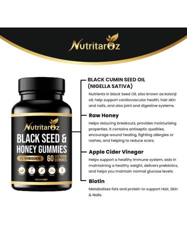 Black Seed Oil & Honey Gummies with 2% Thymoquinone - Immune Support & Antioxidants - 60 Vegetarian Gummies - Gluten-Free - Nutritaroz - Buy Online on GoSupps.com