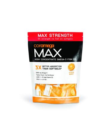 Coromega MAX High Concentrate Omega 3 Fish Oil, 2400mg Omega-3s with 3X Better Absorption Than Softgels, 30 Single Serve Packets, Citrus Burst Flavor; Anti Inflammatory Supplement with Vitamin D Citrus Burst 30 Count (Pa