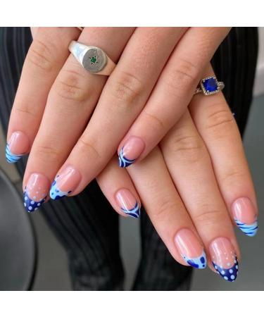 JUSTOTRY 24 Pcs Almond False Nails Short Blue French Press on Nails with Spot Pattern Pretty Fake Nails Short with Nail Glue Wavy Oval Stick on Nails for Women Nails Fake Nail for Nails Art pale& dark blue