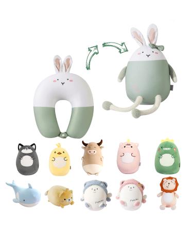 JOYRAVO Kids Travel Pillow - 2-in-1 Deformable Neck Pillow Soft U-Shaped Pillow with Cute Plush Animals Comfy Sleep and Play Companion for Airplanes Cars and Travel - Green Rabbit