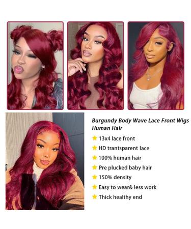 Burgundy Body Wave 24 Lace Front Human Hair Wig - HD Transparent Brazilian Virgin Hair, Pre-Plucked with Baby Hair - 150% Density - Red Glueless Wig for Black Women - Buy Online on GoSupps.com