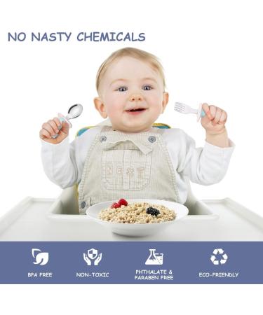 Vicloon Baby Fork and Spoon Set - 2Pcs Infant Training Utensils for Baby Led Weaning - Silicone Stainless Steel Short Handle Tableware for Kids - Penguins - Buy Online on GoSupps.com