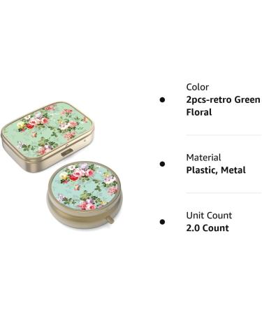 Retro Green Floral Pill Box with Mirror - 2PC Travel Pill Organizer for Vitamins & Supplements - Small Bronze Design for Wallet or Bag - Buy Online on GoSupps.com