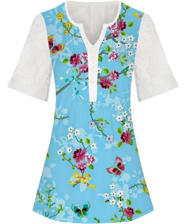 Women's Comfortable Lace Middle Long Sleeve Button Up V-Neck Hide Belly Tops Loose Bohemian Tunic Sexy Shirt Women's T-Shirt With Print Sports Shirt Women's Wide L Blue - Buy Online on GoSupps.com