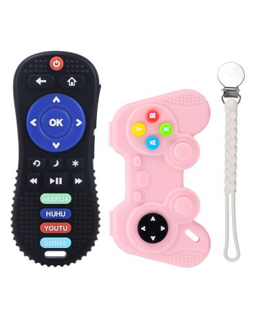 3 Pack Silicone Baby Teething Toys TV Remote Control & Game Controller Teethers for Babies Infant Educational Sensory Toy Chew Toys Teething Toys for Babies 0-6 6-12 Months with Clip black+pink