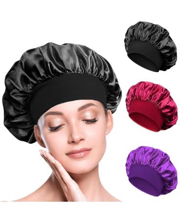 BIZBUY 3 Pack Satin Bonnet Hair Bonnet for Sleeping Night Hair Sleeping Caps with Wide Elastic Band Silk Bonnet is Suitable for Long Straight and Curly Hair. Black+Red+Purple - Buy Online on GoSupps.com
