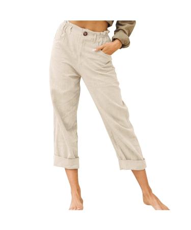 ceangrtro Crop Wide Leg Women's Capris and Cropped Pants Casual Linen Solid Elastic Waist High Waist Linen Loose with Pockets Beige X-Large