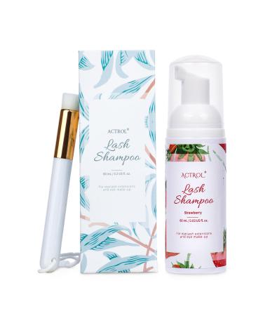 Eyelash Extension Cleanser 60ML Natural Lash Extension Shampoo Strawberry Professional Eyelid Foaming Cleanser Paraben & Sulfate Free Non-lrritating with Salon and Home Care Strawberry 60ml