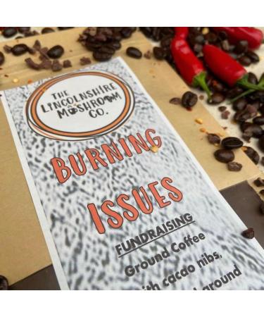 Adaptogenic Mushroom Coffee Made With Chaga Hot Chilli and Cacao -Burning Issues- (Inonotus Obliquus). 150g Bag- The Lincolnshire Mushroom Co. - Buy Online on GoSupps.com