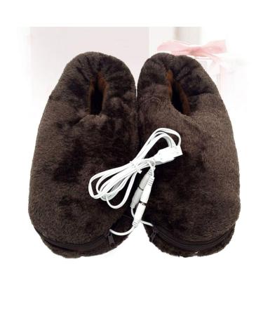 1 pair of USB electrical heating slippers brown warm slippers foot warmers and heating pillows Electric heating shoe USB plush plush foot warmer winter shoes household man heating shoes