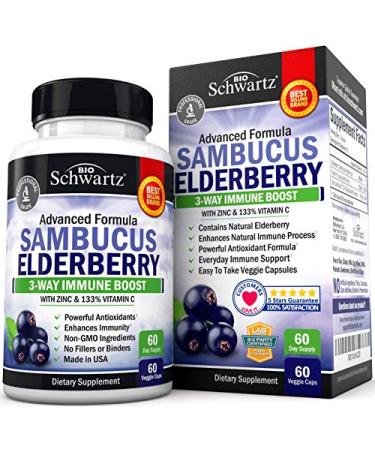 Elderberry with Zinc and Vitamin C - Immune Support Vitamins for Women and Men - Bioschwartz Natural Elderberries Black Sambucus Capsules - Immune Defense Antioxidant Supplement for Adults - 60 Ct