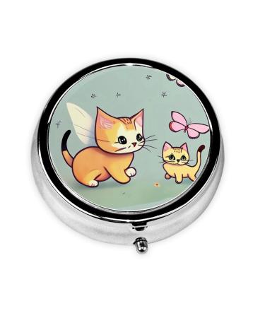 Kitten Butterflyround Pill Box 3 Compartments Round Pill Box Organizer for Purse Or Pocket Portable Travel Pill Box