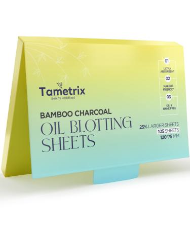 Tametrix Natural Bamboo Charcoal Oil Absorbing Sheets for Face - 25% larger Makeup Friendly Blotting Paper for Oily Skin - Easy to Pull One - 105 Count Oil Absorbing Tissues for Facial Skin Care