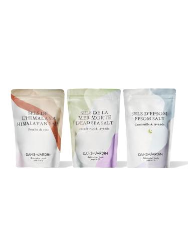 DANS UN JARDIN Trio Bath Salts - Made in Canada - Lavender Eucalyptus and Chamomile - K lm Rose Petals & Good Night - Relaxing Detoxifying and Regenerating - Vegan - Skin-Friendly Gift - 3x400gr