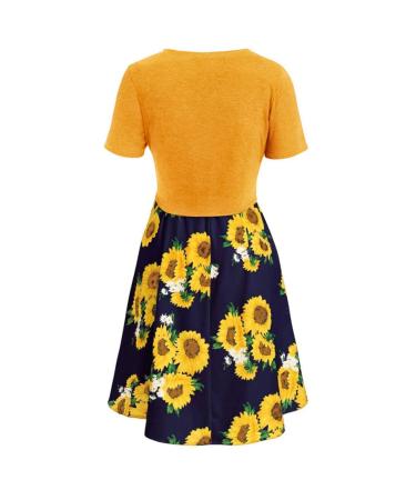 Casual Summer Dress for Women,V-Neck Short Sleeve Floral Print A-Line Dress Cocktail Party Swing Flowy Top Dress Yellow Medium
