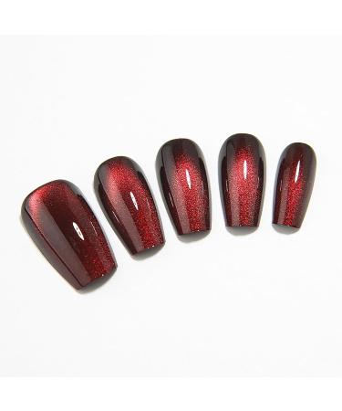 Dark Red Cat Eye Press On Nails - Medium Coffin Fake Nails | KKUUOO Handmade Velvet & Glitter Designs - 24Pcs Full Cover Glossy Stick On Nails for Women & Girls - Buy Online on GoSupps.com
