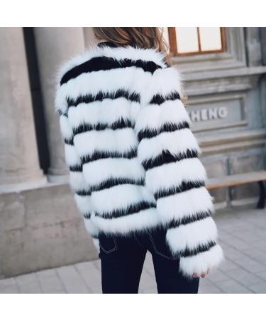 Women's Elegant Cropped Faux Fur Party Coat - Black & White Stripe Colorblock - Size XL - Buy Online on GoSupps.com
