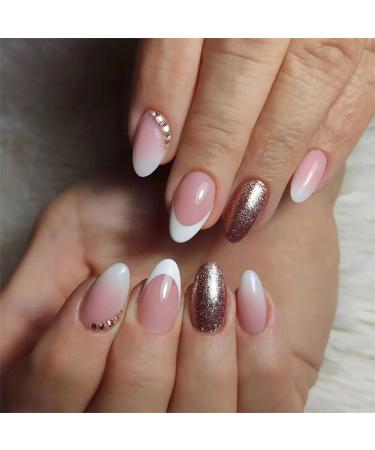 24pcs Short Oval False Nails French Tip Stick on Nails Rose Gold Glitter Press on Nails with Rhinestones Removable Glue-on Nails Full Cover Acrylic Fake Nails Women Girls Nail Art Accessories 0217Y64