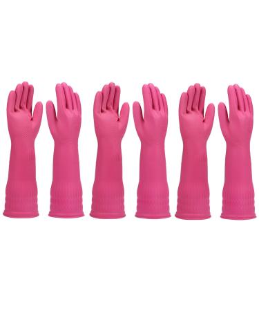 Wekiwgot 3 pairs of rubber gloves long for kitchen reusable and waterproof with non -slip handle ideal for household cleaning and rinsing pink