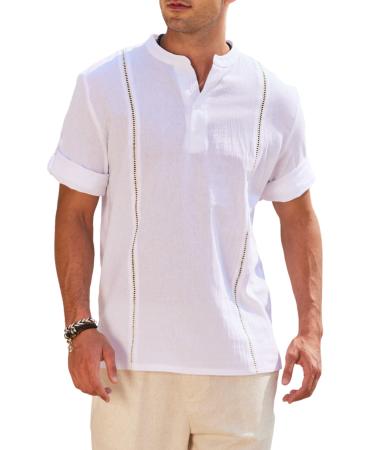 Deyeek Men's Linen Henley Shirts Short Sleeve Summer Beach Shirt for Men Cotton Casual Hawaiian Tops White X-Large