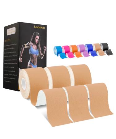 Deilin Kinesiology Tape 19.7ft Uncut Per Roll Elastic Therapeutic Sports Tapes for Knee Shoulder and Elbow Waterproof Athletic Physio Muscles Strips Breathable Latex Free 3 Rolls Beige
