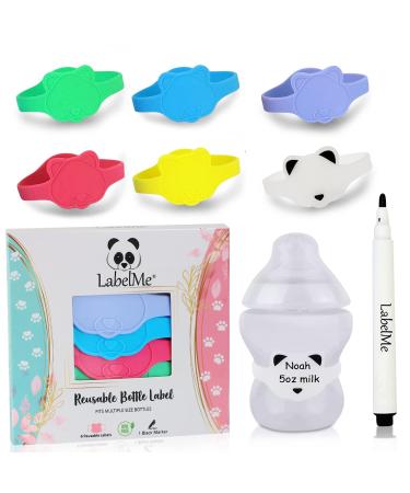 Baby Bottle Labels for Daycare  6 Multi-Colored Unique Panda-Shaped Reusable Silicone Name Labels Fit Popular Bottles and Sippy Cups   Includes Waterproof Marker (Standard - Fits All Other Bottles)