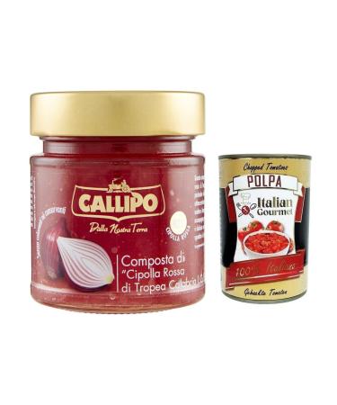 Italian Gourmet E.R. Callipo Compote Di Cipolla Rossa di Tropea Calabria PGI Red Onion Compote from Tropea Calabria 300 g Glass + Italian Gourmet Tomato Pulp Box 400 g