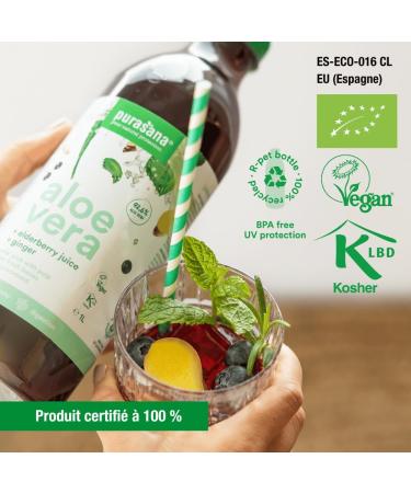 Purasana Aloe Vera Juice with Elderberry and Ginger 1 liter. Organic Aloe Vera Gel to Drink Pure or Diluted Without Pulp. Not Chemically Treated. Organic Vegan - Buy Online on GoSupps.com