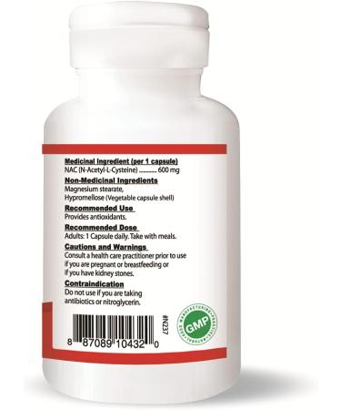 Nutridom NAC 600 mg N-Acetyl-L-Cysteine Non-GMO Gluten-free Dairy-free Soy-free Made in Canada (60 Veggie Capsules) - Buy Online on GoSupps.com