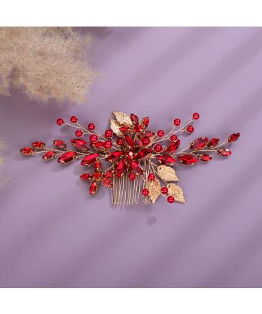 Teyglen Red Rhinestone Crystal Wedding Hair Comb - Bridal Hair Accessory for Women - Gold Silver Leaf Design - Buy Online on GoSupps.com