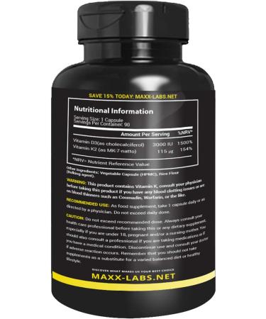 MaxX Labs Vitamin D3 K2 Capsules | 3000 IU + 115 mcg MK-7 | Bone Health Support | Gluten-Free | 90-Day Supply - Buy Online on GoSupps.com