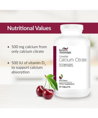Bariatric Advantage Calcium Citrate Chewable 500 mg - for Bariatric Surgery Patients - High-Potency, Easy-Digest Tablets - Calcium Citrate - Bone Strength Supplements* - 90 Count - Wild Cherry Wild Cherry 90 Count (Pack of 1) - Buy Online on GoSupps.com