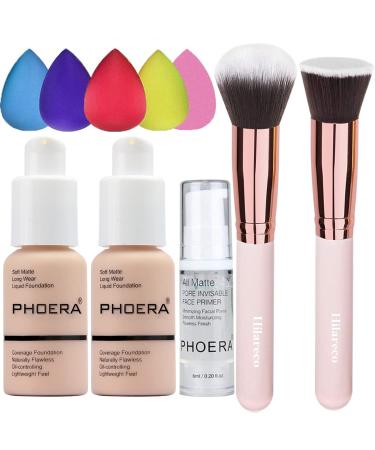 Phoera Foundation and PHOERA Prime PHOERA Makeup Hilareco Full Coverage Foundation Set Foundation Brush Powder Brush 5 Makeup Sponge Flawless 30ml Natural Matte Oil Control (101+102/Porcelain+ Nude) 340 g (Pack of 1) 101+102/Porcelain+ Nude
