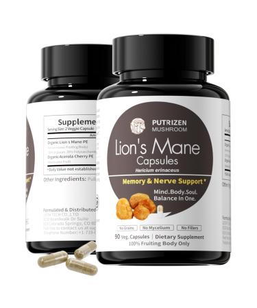 PUTRIZEN Lion s Mane Capsules for Memory Support: 90 Capsules Memory & Cognitive Support Supplement with 50% -Glucan for Mental Clarity & Nerve Health