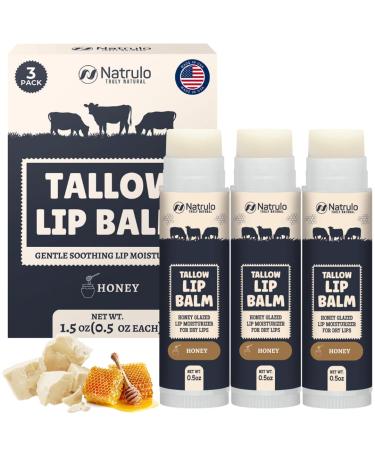 Beef Tallow Lip Balm Natural Tallow Beeswax Chapstick Hydrating Moisturizer Grass Fed Bison Tallow Balm Lip Care Soothes Chapped Dry Lips Sensitive Skin Long Lasting Vitamin Rich USA-Made 3Pk