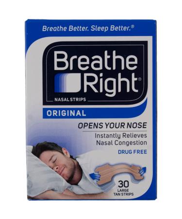 Breathe Right Nasal Strips to Stop Snoring Drug-Free Original Tan Large 30 Count (Pack of 4)