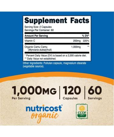 Nutricost Camu Camu 1000mg 120 Capsules | CCOF Certified Organic | Non-GMO, Gluten Free - Buy Online on GoSupps.com