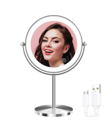 Acoolda Rechargeable 8 inch Lighted Makeup Mirror, Double-Sided 1X/10X Magnifying Mirror with 3 Color LED Lights, 360°Rotation Cordless Vanity Mirror, Brightness Adjustable