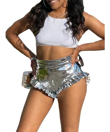 qfmqkpi Women Sexy Shorts High Waisted Shiny Metallic Booty Shorts 90s Ruffle Trim Night Club Hot Pants Small A-silver