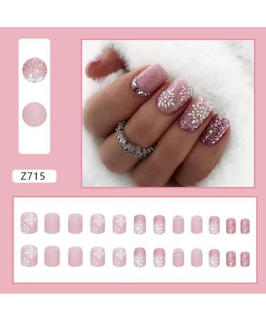 SINLOV Medium French Gradient Fake Nails Nude Christmas Snowflakes Square False Nails Glossy Press on Nails Ballerina Acrylic Full Cover Fake Nails for Women and Girls - Buy Online on GoSupps.com