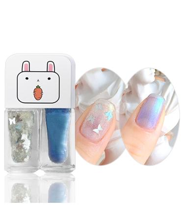 Pearl White Glitter Nail Polish Set Holographic Bule 2 in 1 Quick Dry Varnish Polish Set Silver Shimmer Mermaid Shell No Need Cure Nail Gel Long Lasting Cute DIY Nail Art at Home Gift for Girls