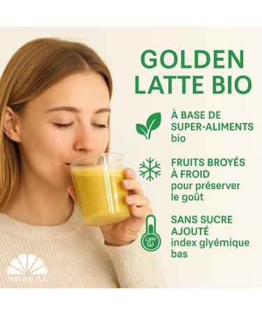 Nature AZ Golden Latte Organic Energy Blend Turmeric Ginger Acerola Lucuma No Added Sugar Low GI Maltodextrin Free Vegan & 100% Natural 145g sachet (approx. 30 servings) Made in France - Buy Online on GoSupps.com