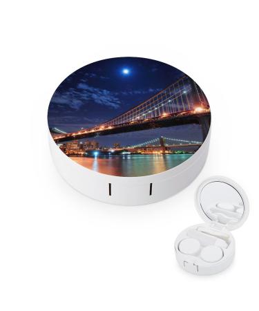 New York Brooklyn Bridge Moon Round Case For Contact Lens Kit Storage Box with Mirror Printed
