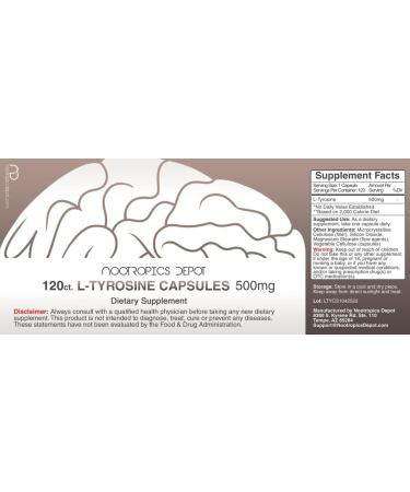 Nootropics Depot L-Tyrosine Capsules 500mg - 120 Count | Amino Acid Supplement for Stress Energy Mental Focus & Clarity - Buy Online on GoSupps.com