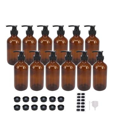 BPFY 12 Pack 8 oz Amber Glass Bottles with Pumps for Essential Oils, Cleaning Products, Lotions, Aromatherapy Oil, Pump Bottles, Refillable Containers with Cap, Funnel, 12 Chalk Labels, 1 Pen 8oz Amber 12Pack