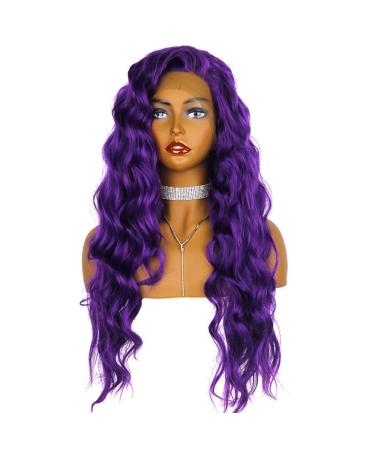 SHIYID Glueless Dark Purple Long Wavy Synthetic Lace Front Wig With Natural Hairline Heat Resistant Wigs For Black Women