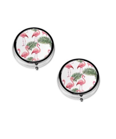 (Flamingo Flowers) Round Pill Box 3 Compartment Pill Box Mini Decorative Pocket Purse Portable Travel Medicine Tablet Vitamin Holder Organizer Pill Case
