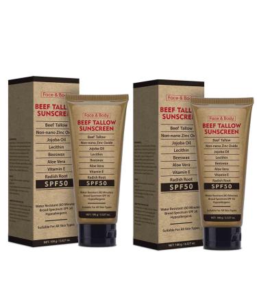 2PCS Organic Grass-Fed Beef Tallow Sunscreen SPF50 Face & Body Sunscreen Waterproof and Sweat-proof Non-Greasy Formula for Face and Body