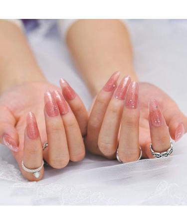 Sethexy Shiny Oval False Nails - Long Nude Pink Sparkle 24pcs Acrylic Art Fingernails for Women & Girls - International Shipping Available - Buy Online on GoSupps.com